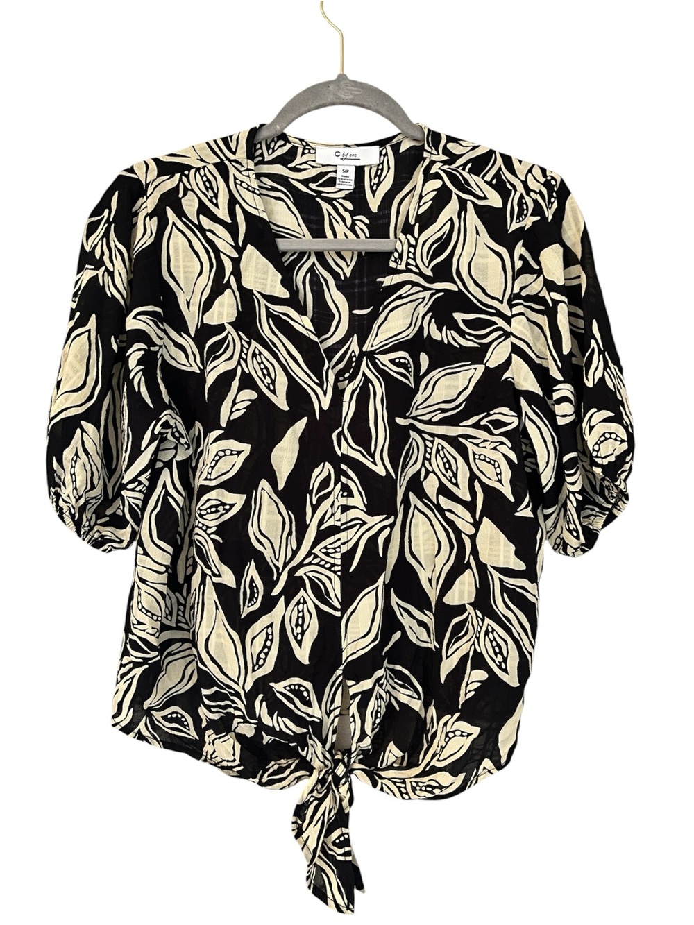 C By One Leaf Print Tie Front Blouse size S oversized
